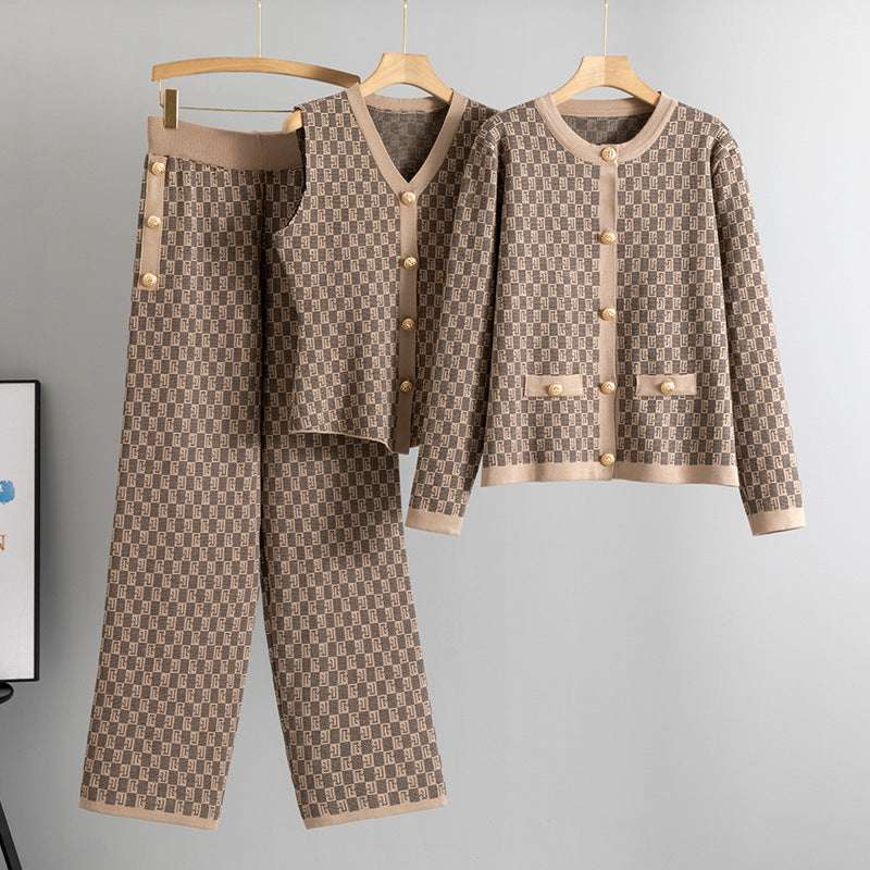 Khaki – Knit Vest Cardigan Three Piece Set.