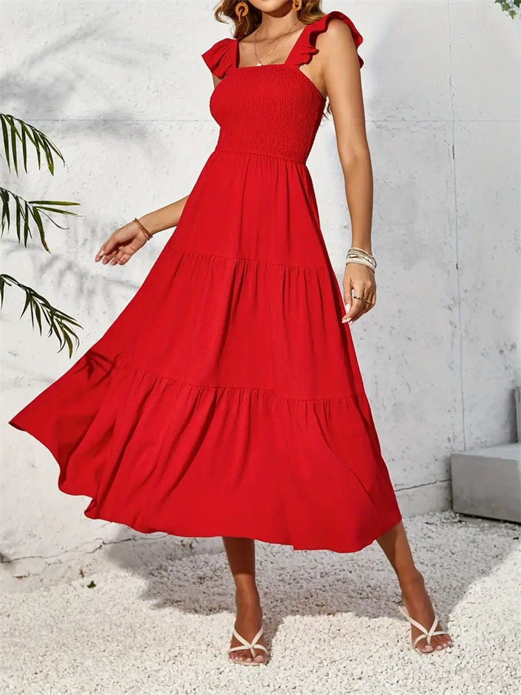 Red Spaghetti Strap Tiered Dress