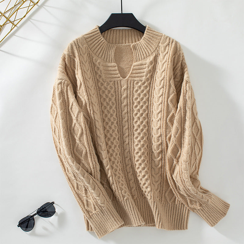 Cable Knit Vintage Loose Pullover Sweater - Khaki