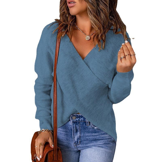 Blue V-Neck Long Sleeve Sweater