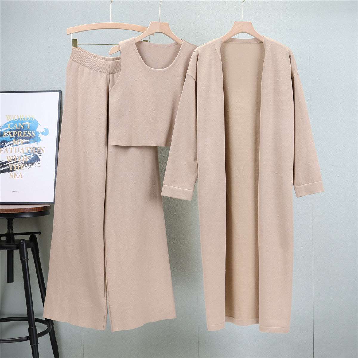 Khaki – Knit Shawl Cardigan Three Piece Set.