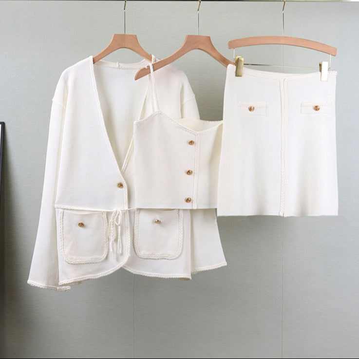 White – Knit Long Sleeve Cardigan Three Piece Set.
