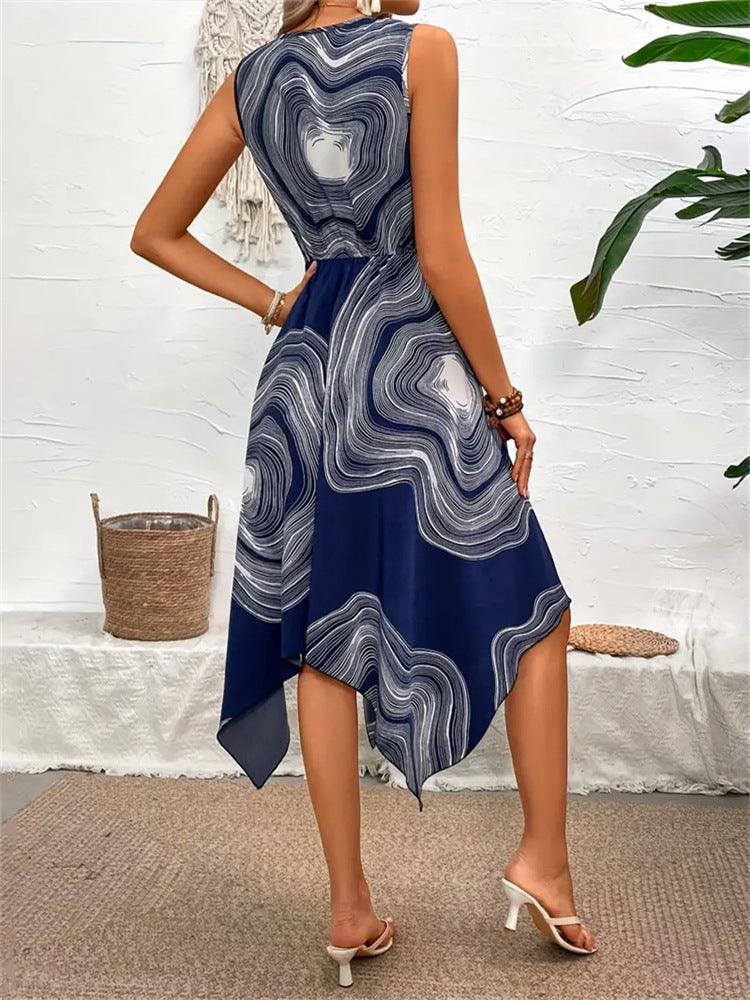 Printed Solid Color Dress - Navy Blue