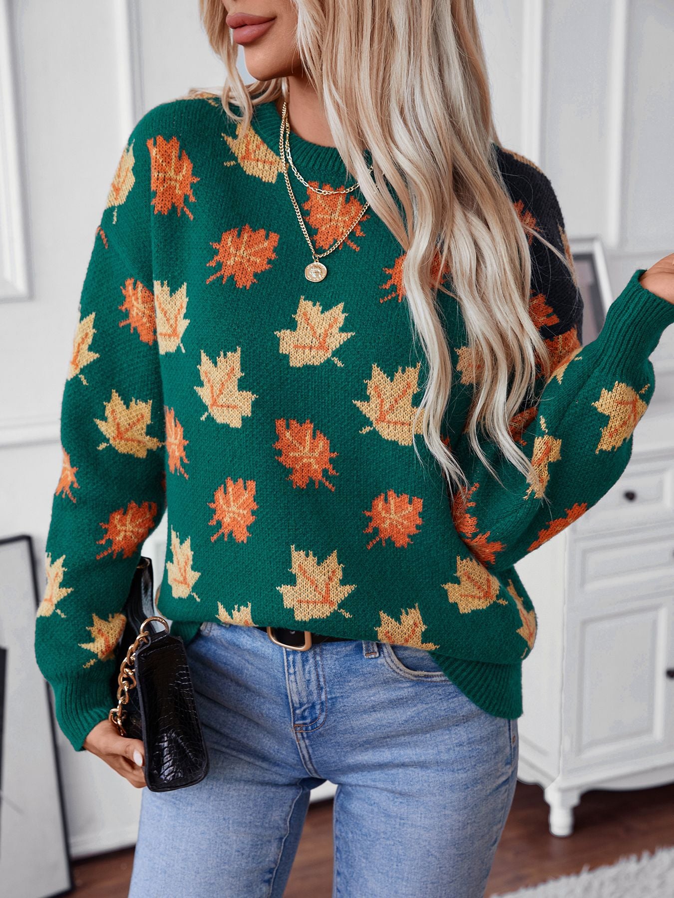 Maple Leaf Pattern Casual Pullover Sweater - Dark Green