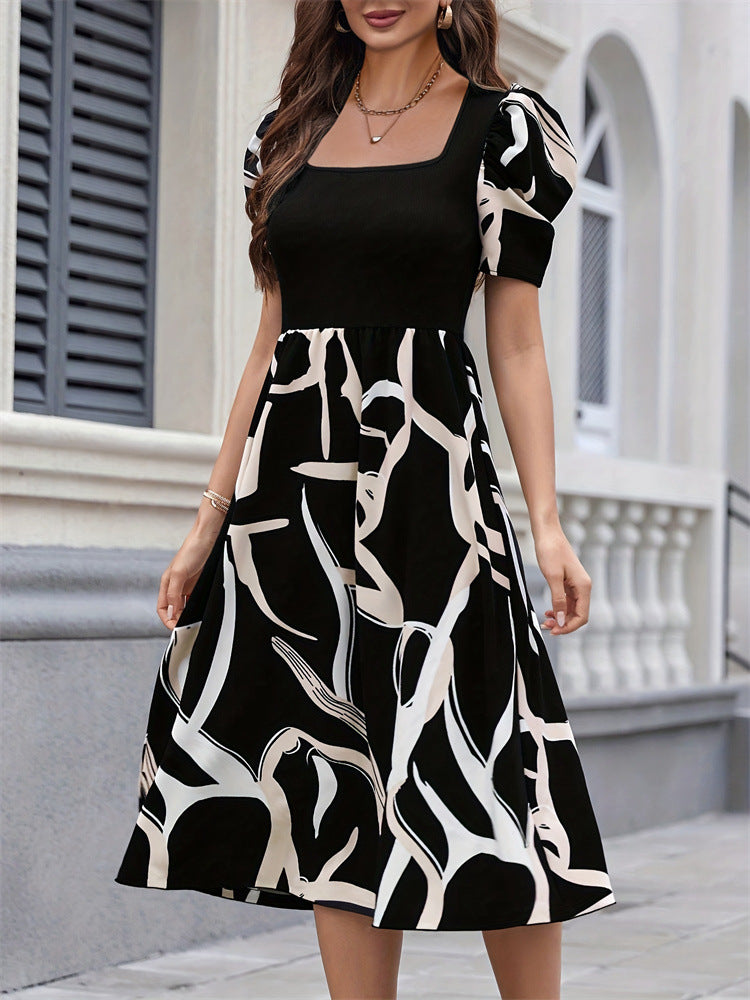 Black Printed Puff Sleeve Dress