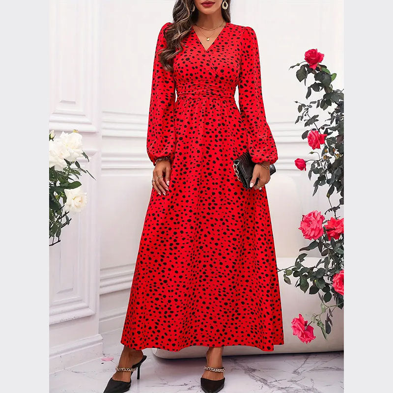 Red V-Neck Polka Dot Pleated Waist Dress