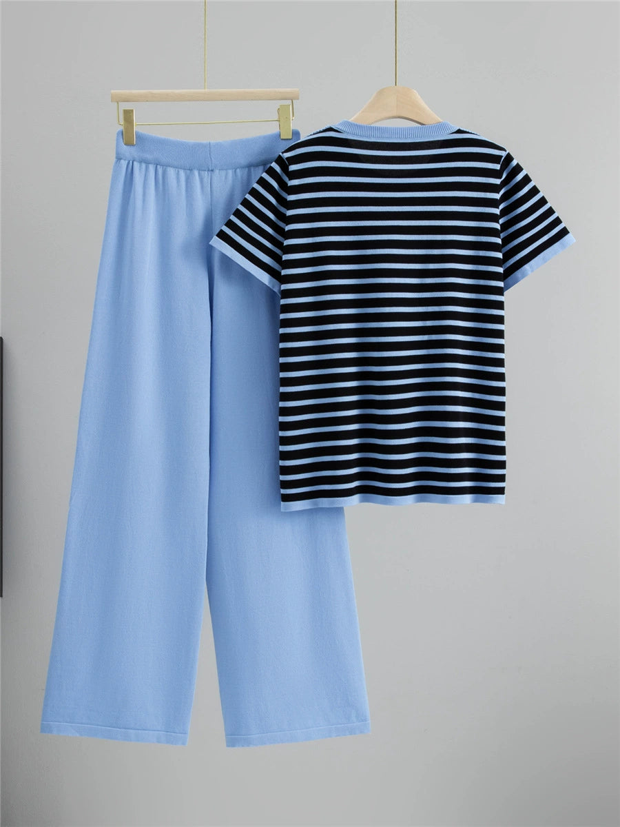Sky Blue – Drawstring Short-Sleeve Striped Two-Piece Set