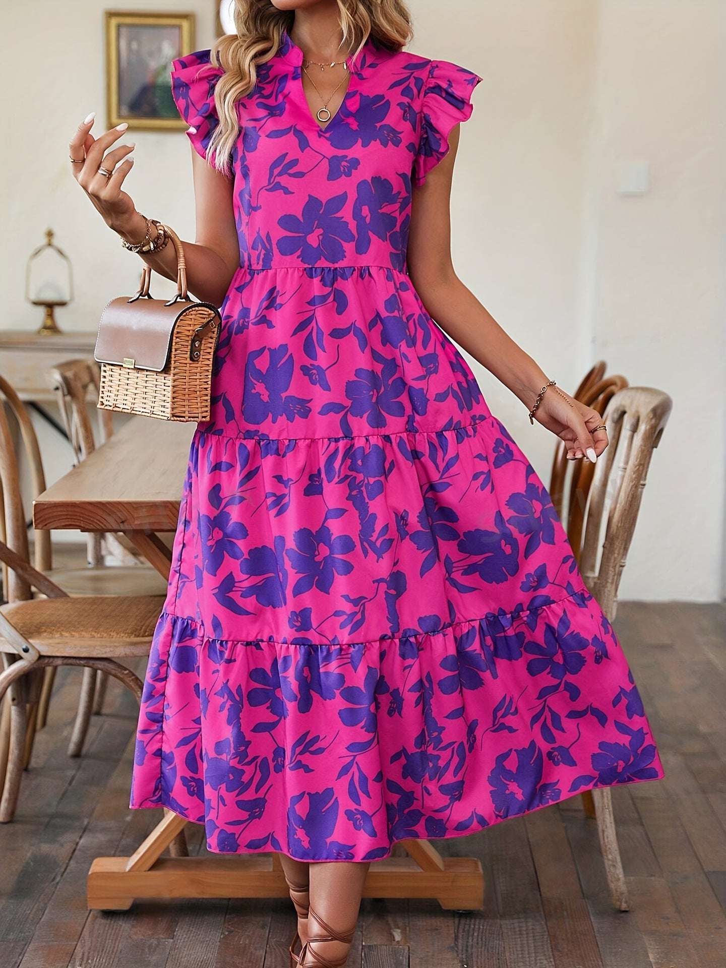 Ruffled Floral Print Dress - Purple