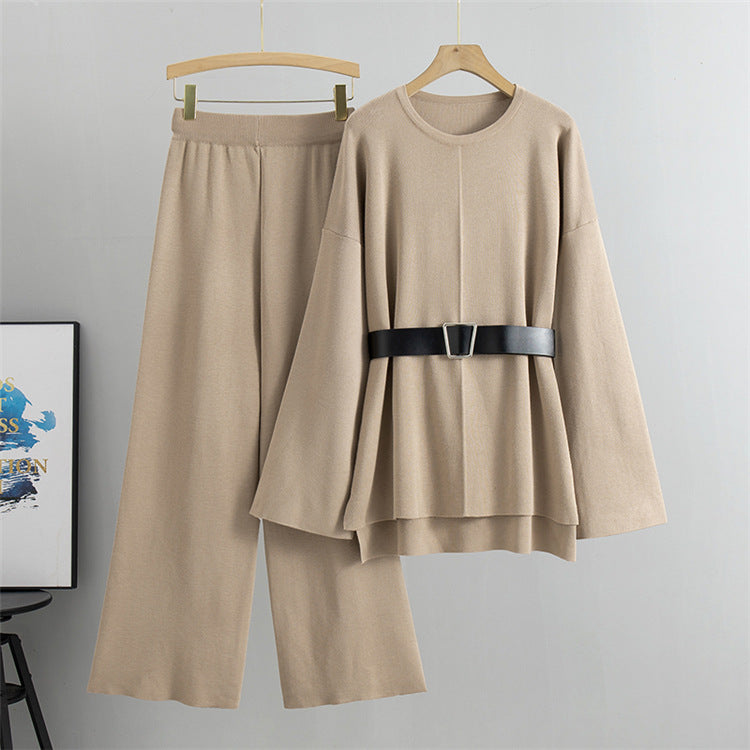 Khaki - Knitted Wide-Leg Pants & Sweater Two Piece Set