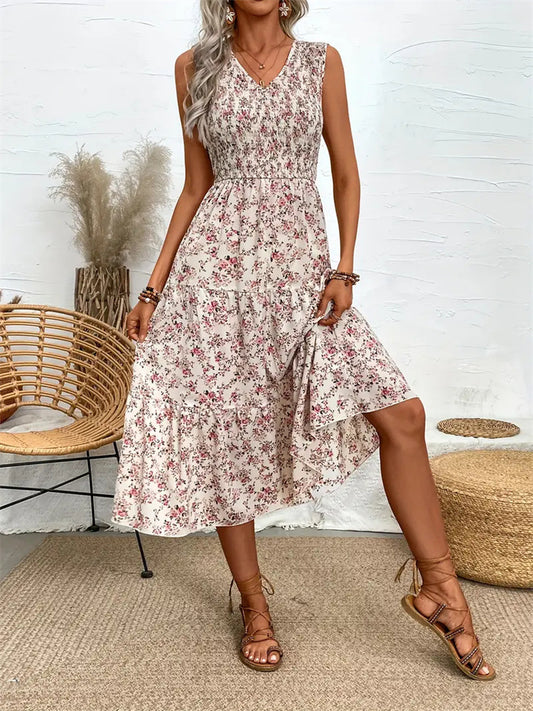 Floral Sleeveless Maxi Dress - Apricot