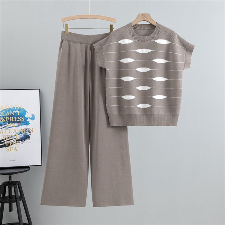 Camel – Casual Striped Short-Sleeve Two Piece Set