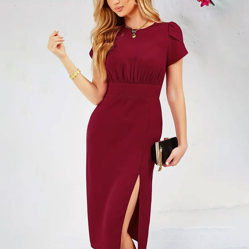 Elastic Waist Slit Pleated Dress in Wine Red