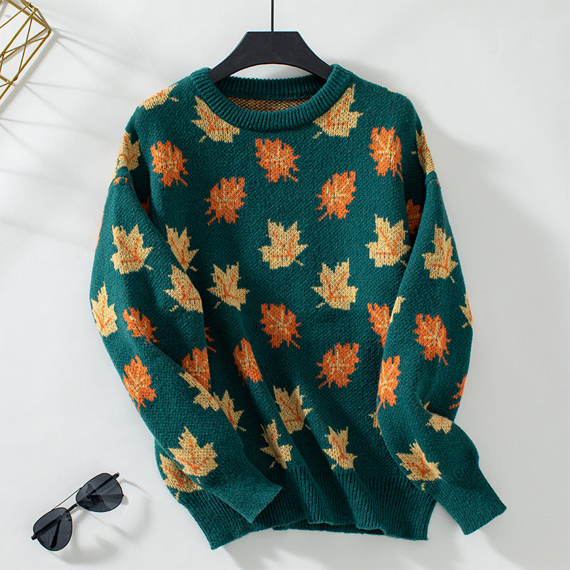 Maple Leaf Pattern Casual Pullover Sweater - Dark Green