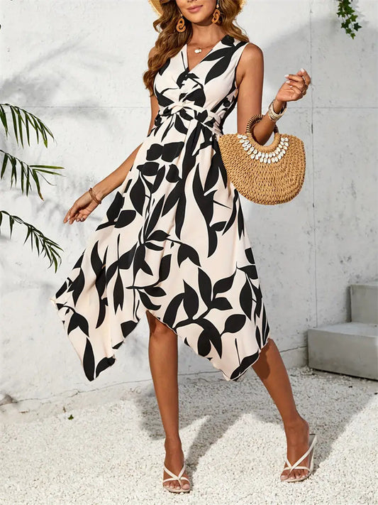 Beige Leaf Print Knot Irregular Dress