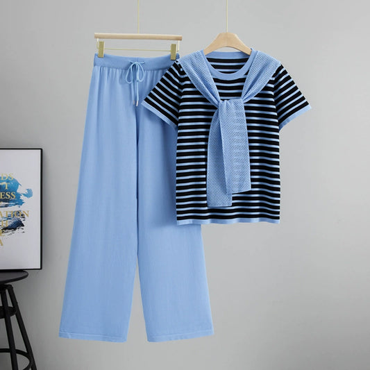 Sky Blue – Drawstring Short-Sleeve Striped Two-Piece Set