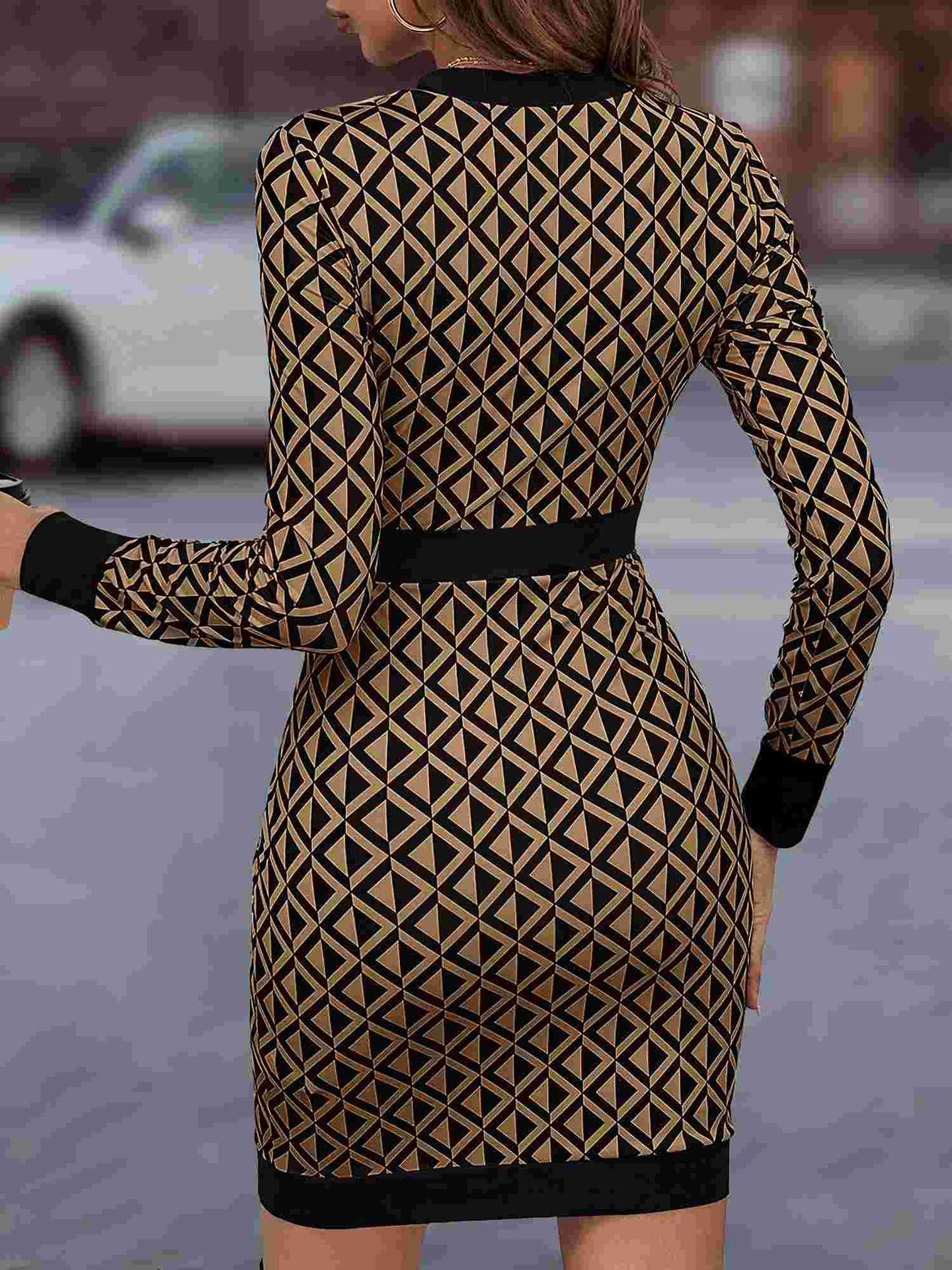 Coffee Retro Color-Blocked Bodycon Dress