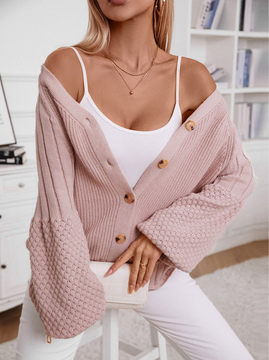 Buttoned Knitted Casual Cardigan - Pink