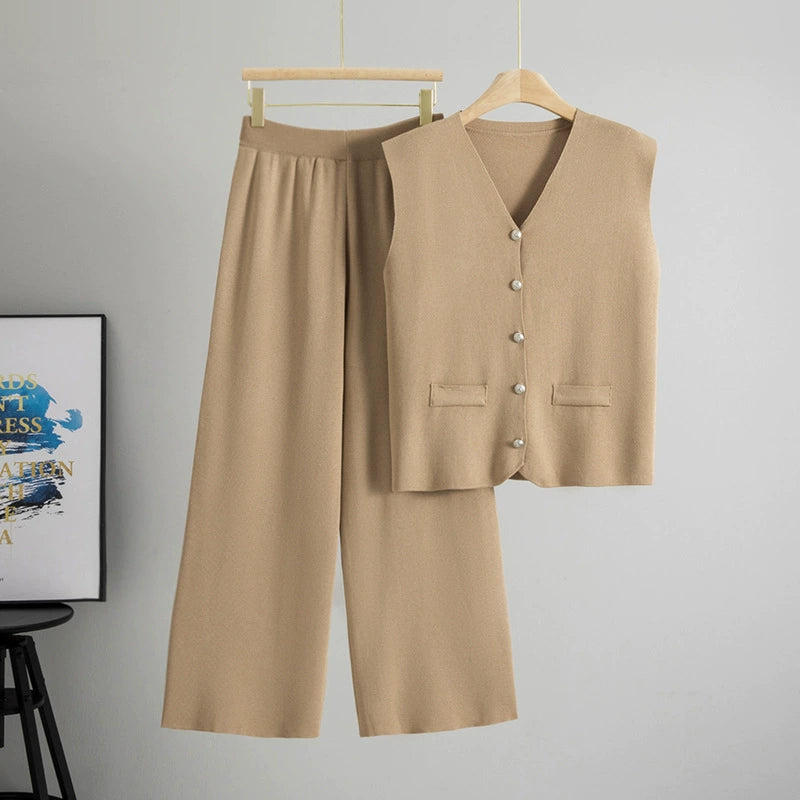 Khaki – Loose Cardigan Sleeveless Two-Piece Set