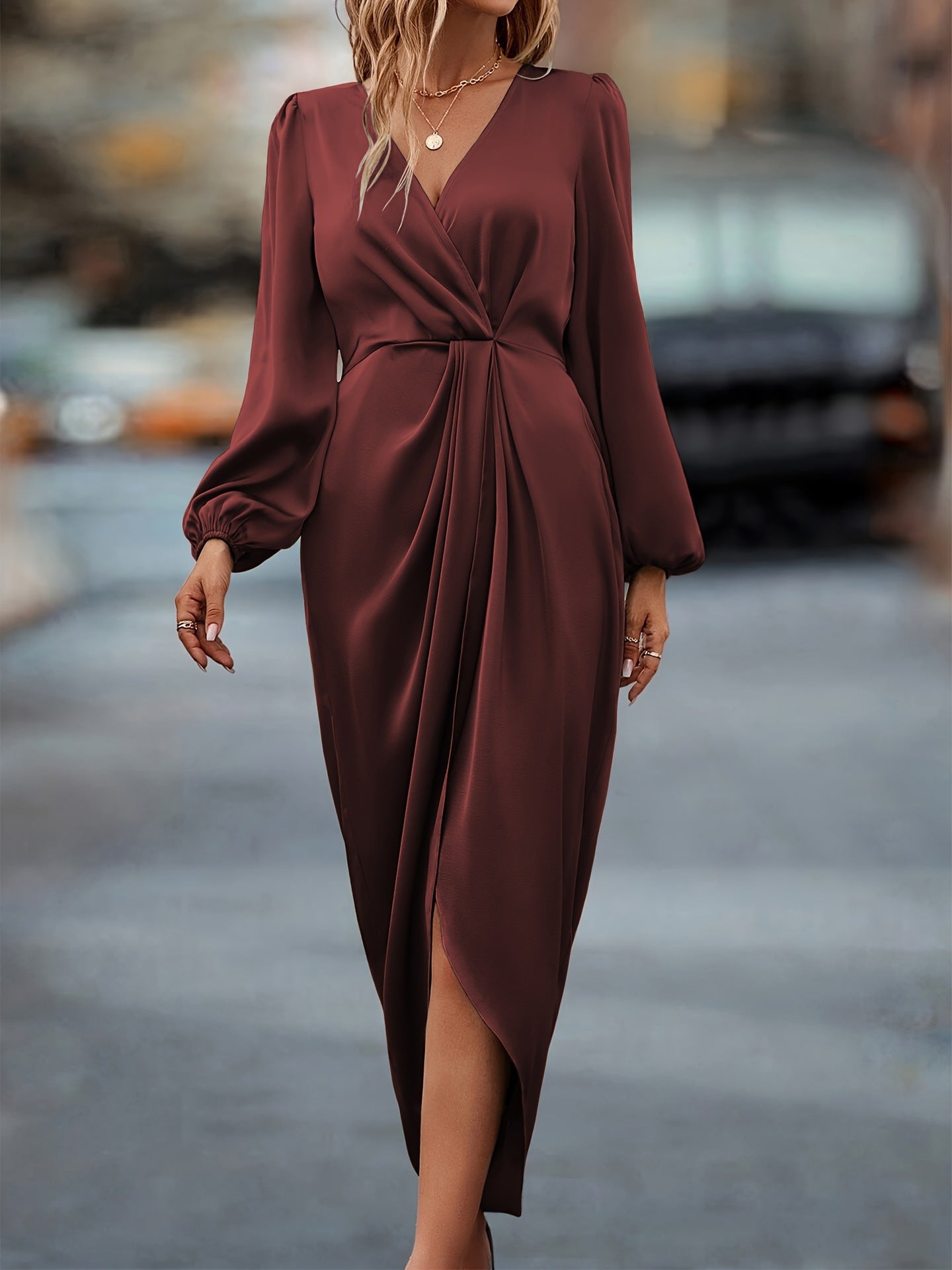 Crimson Charm Puff Sleeve Midi Dress