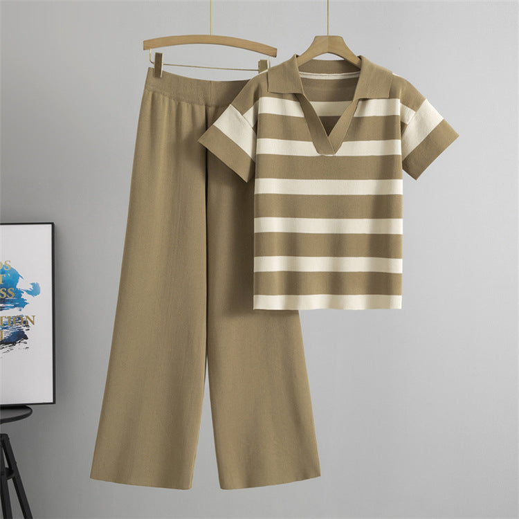 Khaki – V-Neck Short Sleeve Striped Two Piece Set