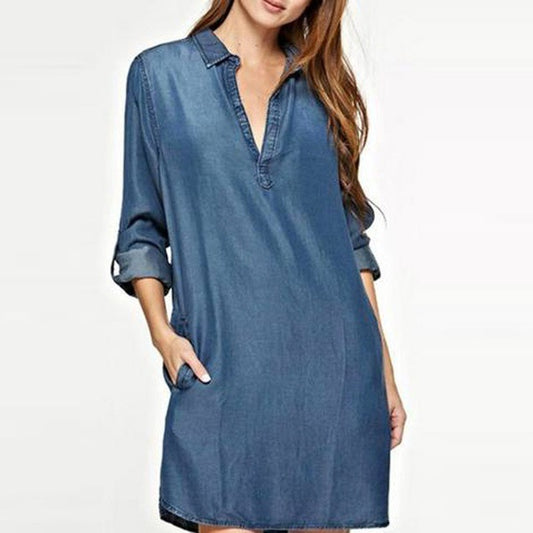 Denim Plain Turtle Neck Mini Dress