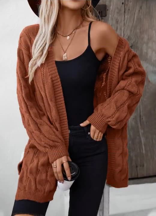 Retro Loose Mid-Length Cardigan Sweater - Rust Red