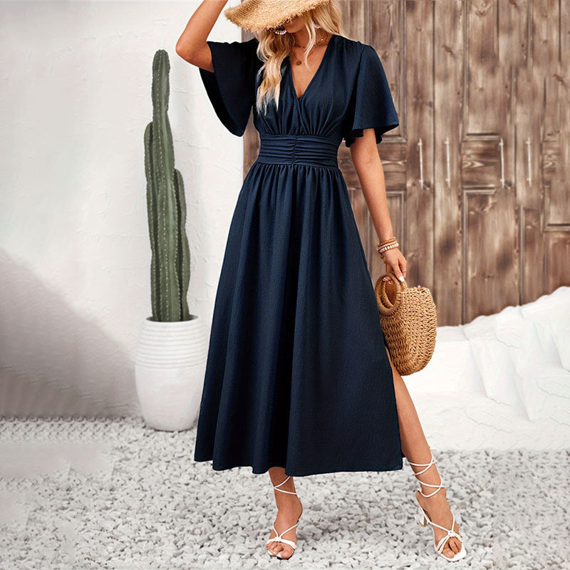 Navy Blue Elastic Waist Split Dress