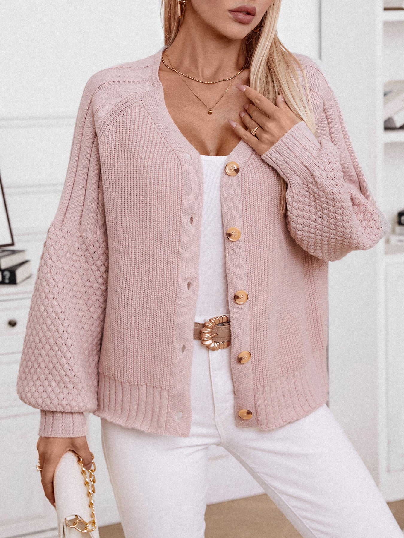 Buttoned Knitted Casual Cardigan - Pink