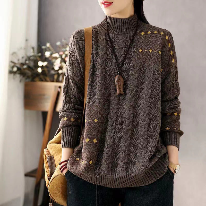 Stylish High Neck Cable-Knit Long Sleeve Printed Sweater