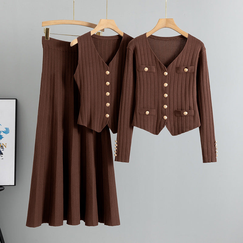 Coffee – Knit Cardigan Vest Three Piece Set.