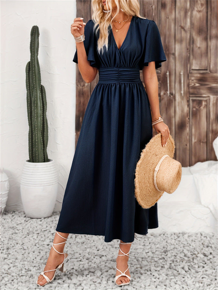 Navy Blue Elastic Waist Split Dress