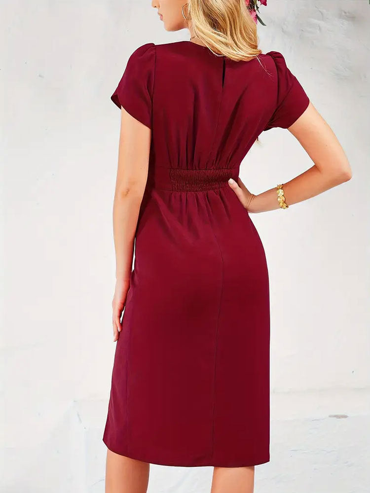 Elastic Waist Slit Pleated Dress in Wine Red