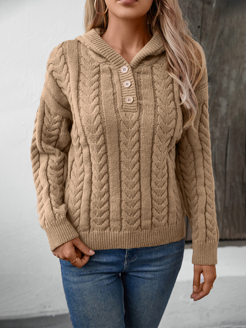 Hooded Pullover Button Sweater - Khaki