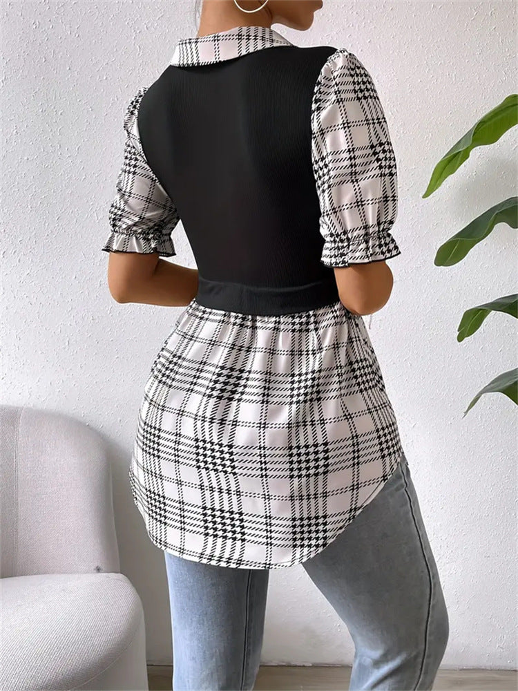 Short-Sleeve Plaid Panel Dress - Black & White