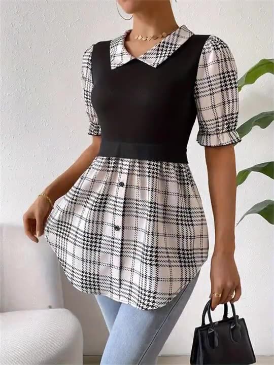 Short-Sleeve Plaid Panel Dress - Black & White