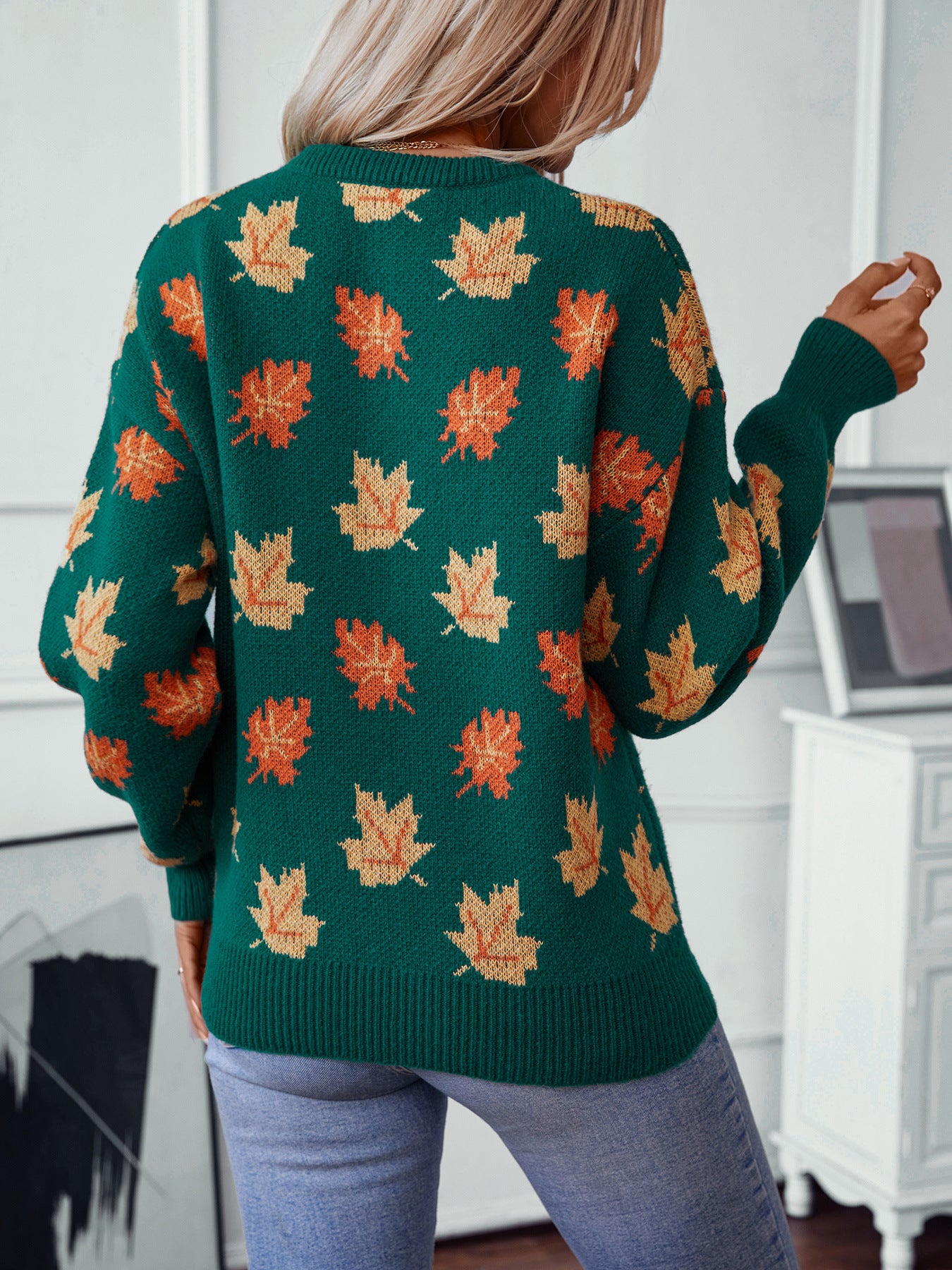 Maple Leaf Pattern Casual Pullover Sweater - Dark Green