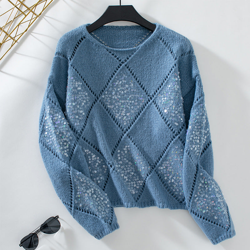 Light Rain Fashion Sequin Loose Sweater - Blue