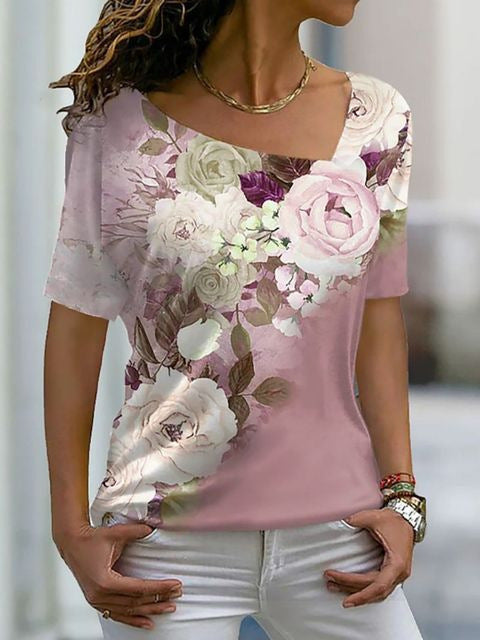 Chic Floral Print Short Sleeve V-Neck Top