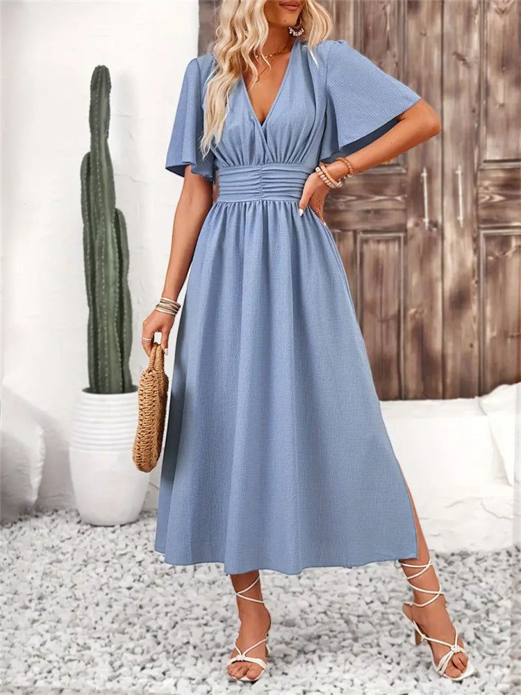 Light Blue Elastic Waist Split Dress