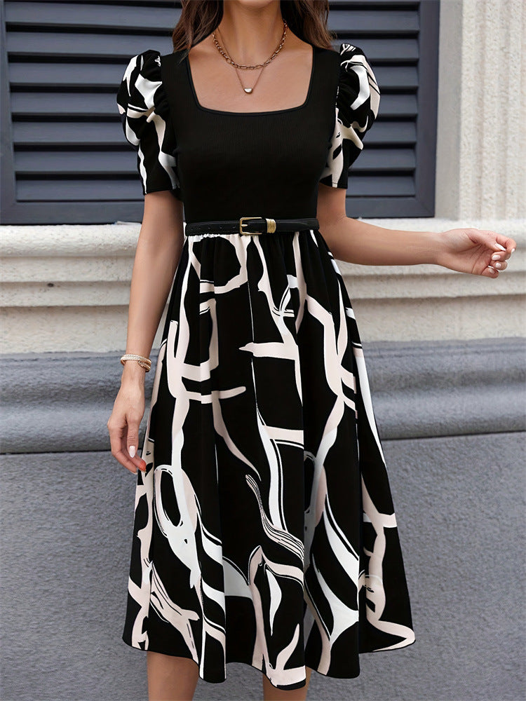 Black Printed Puff Sleeve Dress