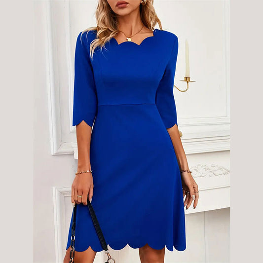 Blue Burnout Asymmetrical Mid-Sleeve Dress