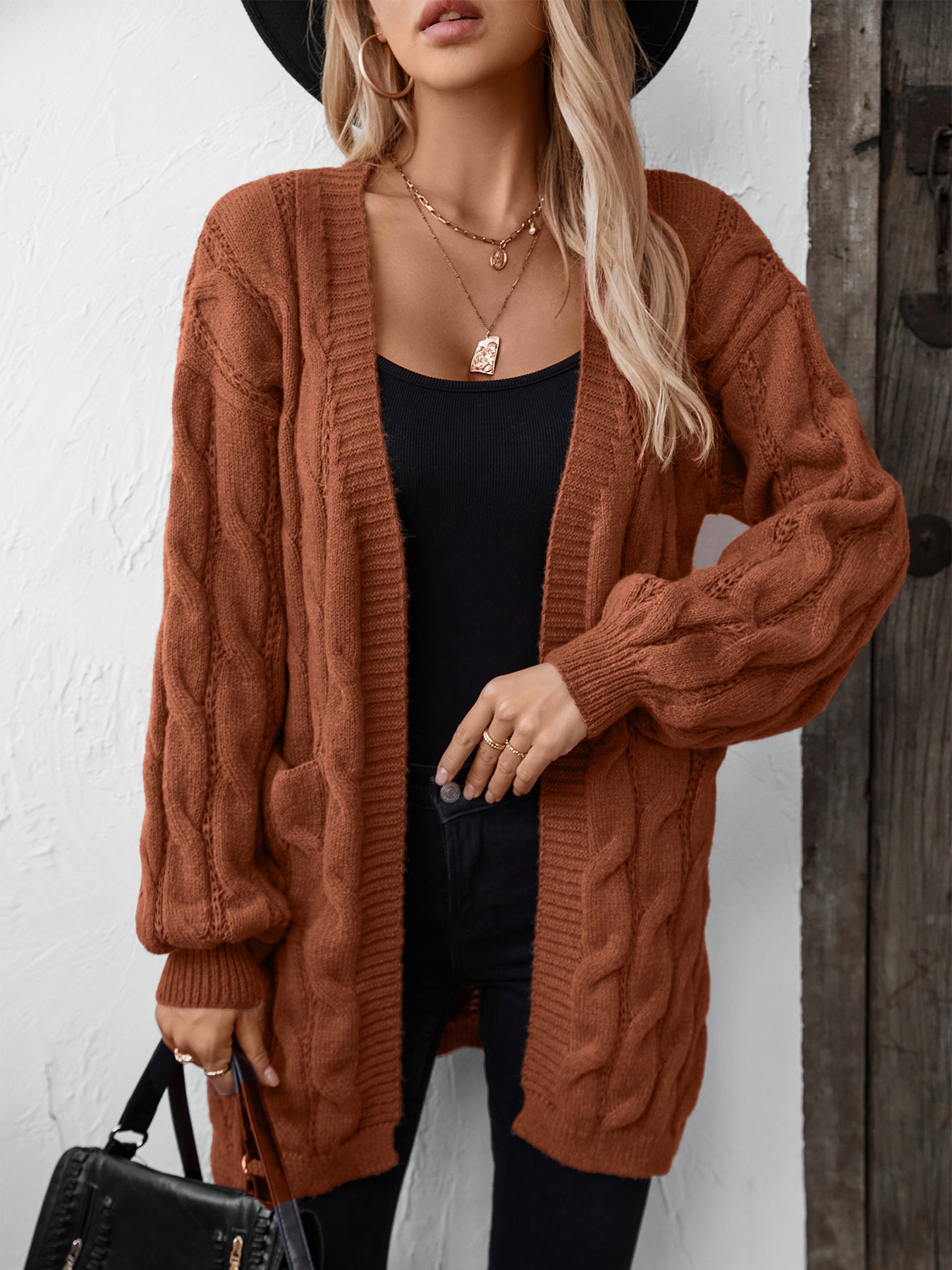 Retro Loose Mid-Length Cardigan Sweater - Rust Red