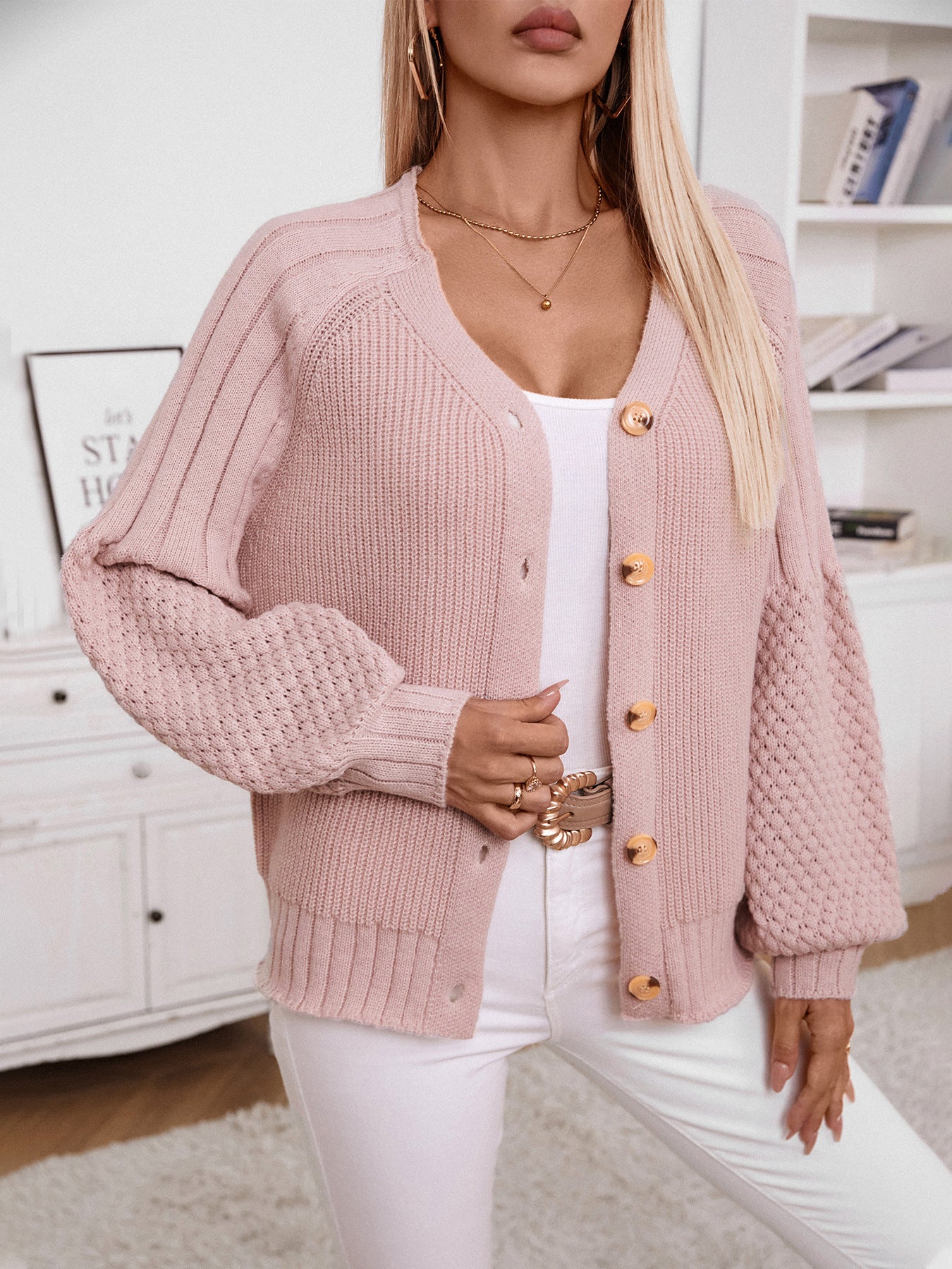 Buttoned Knitted Casual Cardigan - Pink