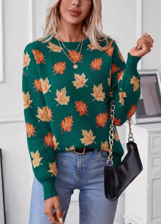 Maple Leaf Pattern Casual Pullover Sweater - Dark Green