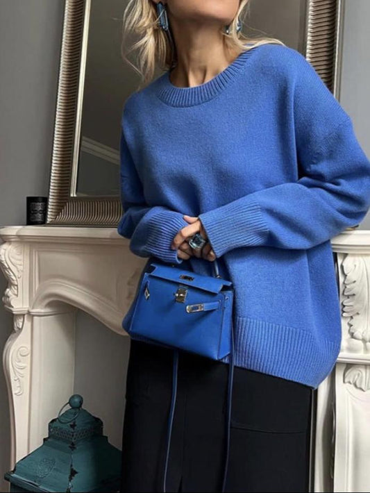 Casual Blue Plain Round Neck Long Sleeve Sweater