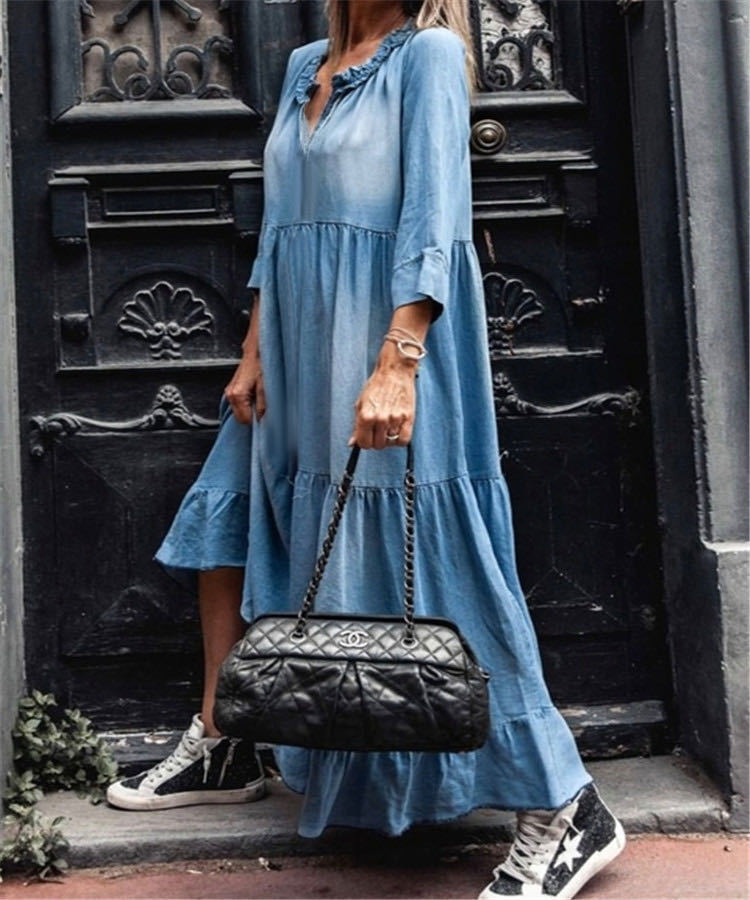 Blue Denim Plain 3/4 Sleeve Maxi Dress