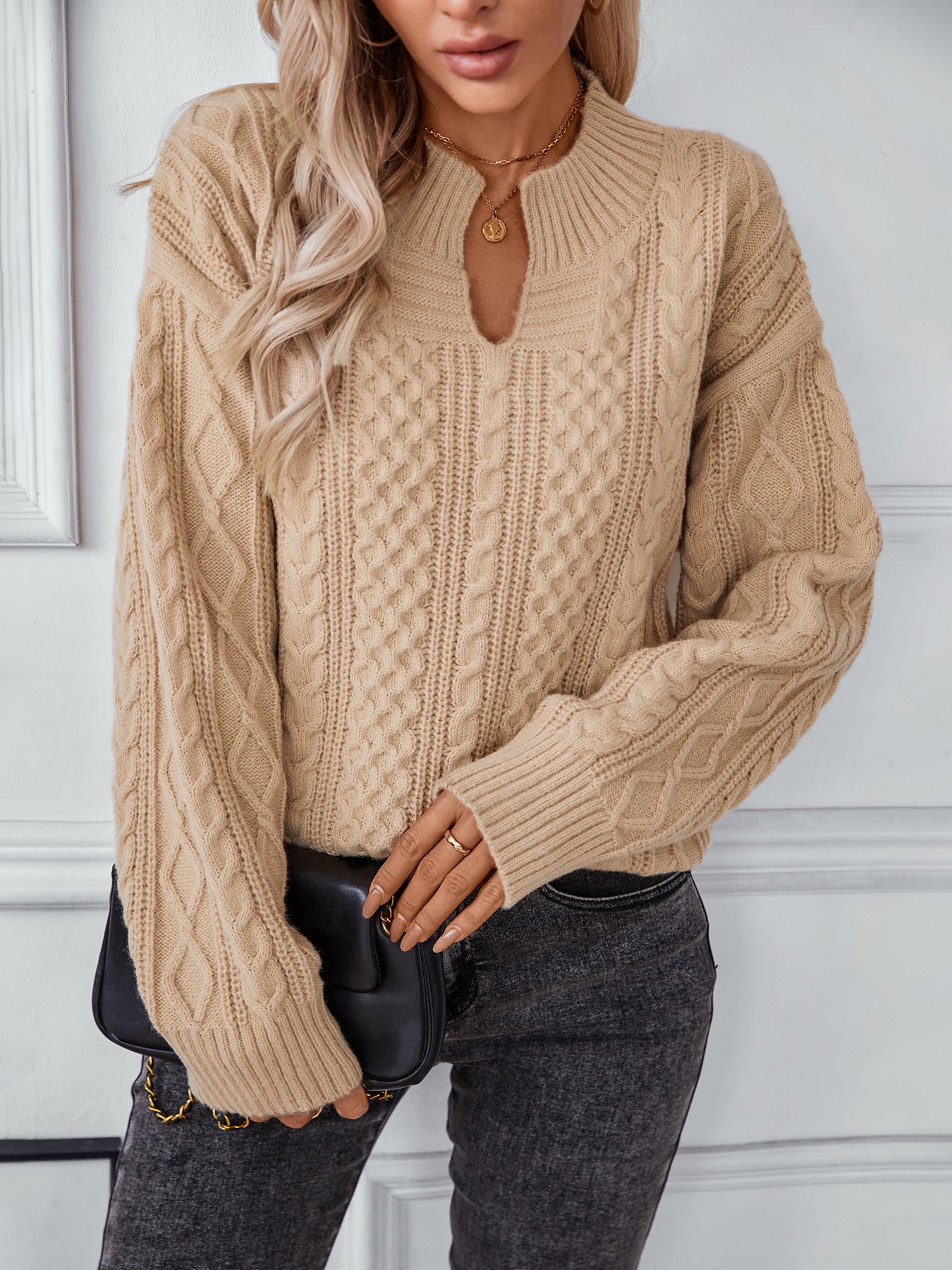 Cable Knit Vintage Loose Pullover Sweater - Khaki