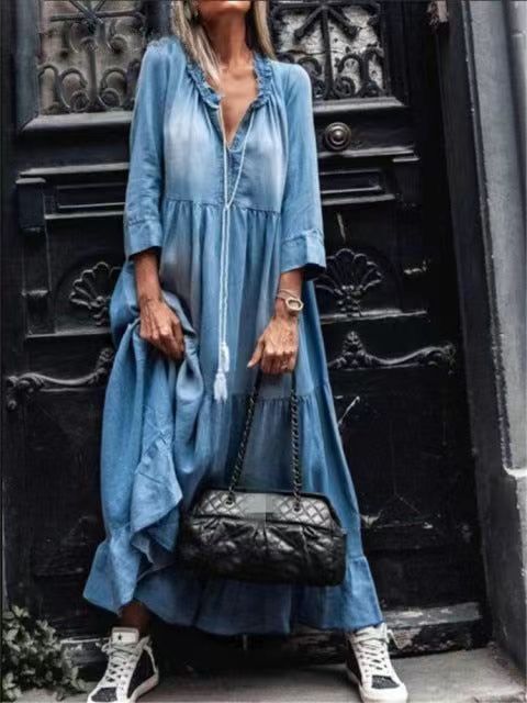 Blue Denim Plain 3/4 Sleeve Maxi Dress