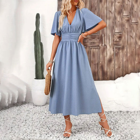 Light Blue Elastic Waist Split Dress