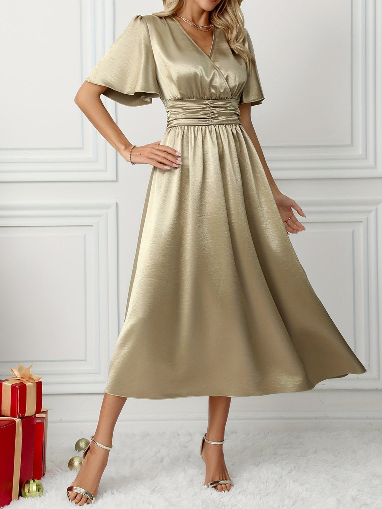 Golden Cross Neck Flutter Sleeve Satin Evening Dress